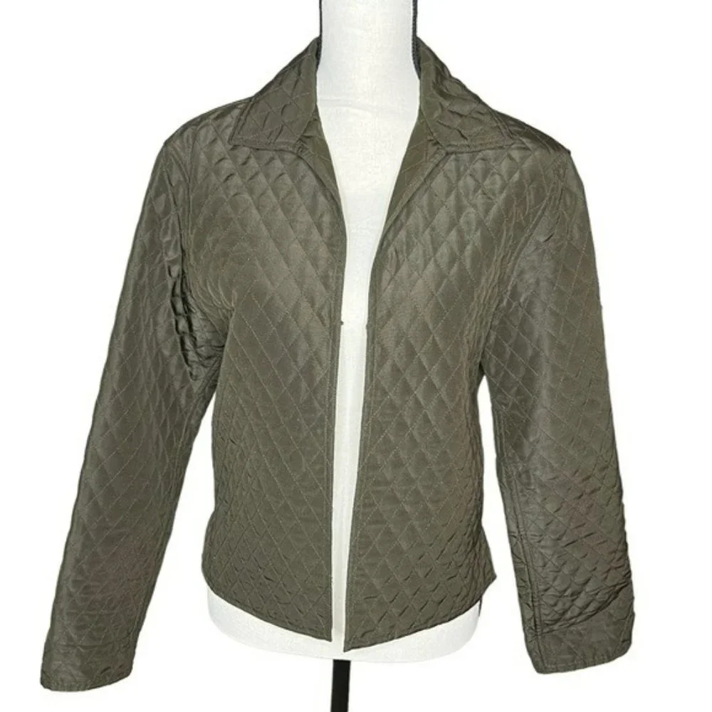 Carlisle Olive Green Silk Wool Lightweight Quilt Open Jacket Blazer Size 2 - Picture 2 of 9